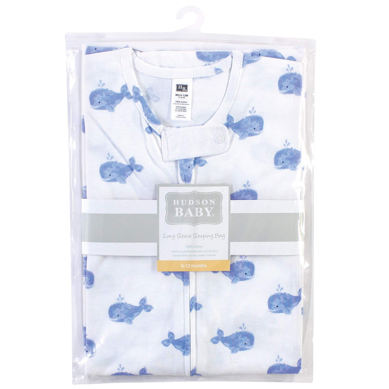  [AUSTRALIA] - Hudson Baby Unisex Baby Long Sleeve Cotton Jersey Sleeping Bag 0-6 Months Blue Whale