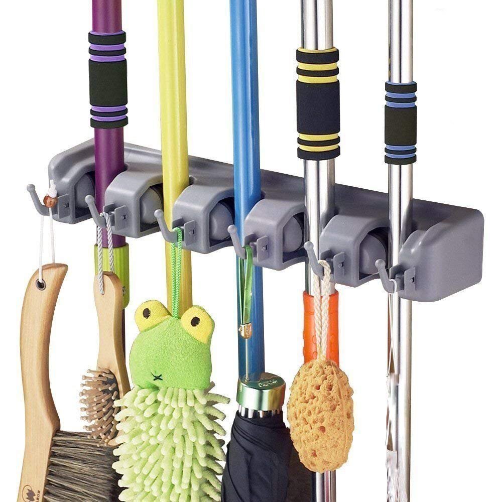 [AUSTRALIA] - SHSYCER Mop and Broom Holder Wall Mounted Garden Tool Organizer Rake or Mop Handles 5 Position with 6 Broom Hooks Garage Holds up to 11 Tools for Garage Garden Kitchen Laundry Offices 5*6