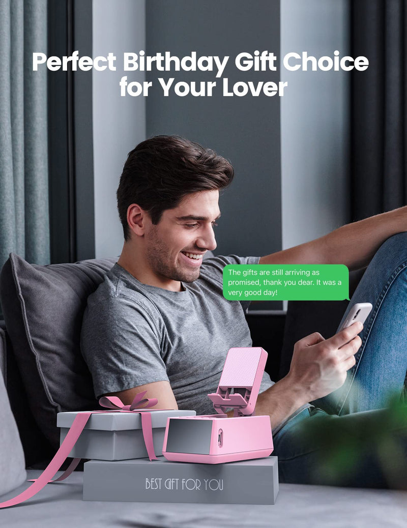  [AUSTRALIA] - Gifts for Him, Her, Cell Phone Stand Bluetooth Speakers, Cool Tech Kitchen Gadgets, Adjustable Phone Holder with LCD Digital Alarm Clock, HD Surround Sound, Birthday for Men Women Dad Who Want Nothing Pink