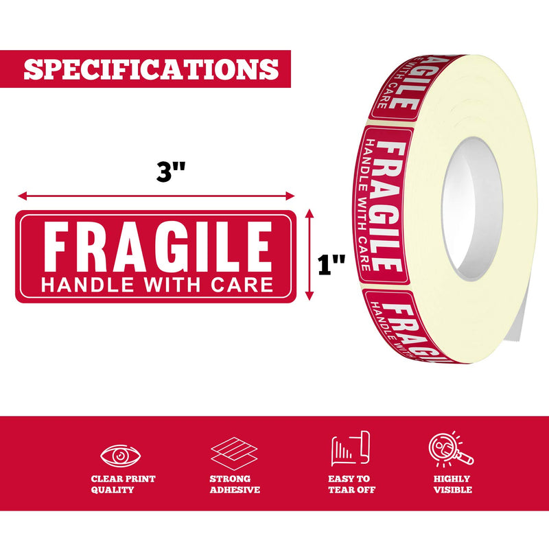 1” X 3” Fragile Handle with Care Warning Stickers, Fragile Tape for Packing and Shipping, Permanent Adhesive Labels 1000 Per Roll (1 Pack) - LeoForward Australia