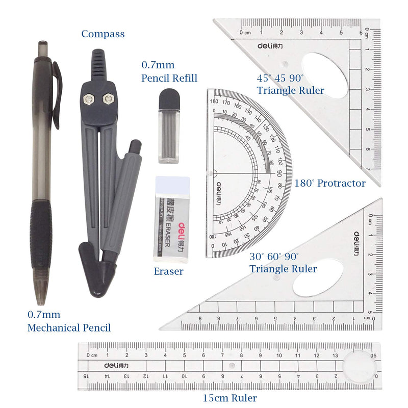 Honbay 8PCS Math Geometry Kit Set for Student and Engineering Drawing - Drawing Compass, 0.7mm Mechanical Pencil, 0.7mm Pencil Lead Refills, Eraser, Protractor, Rulers - LeoForward Australia