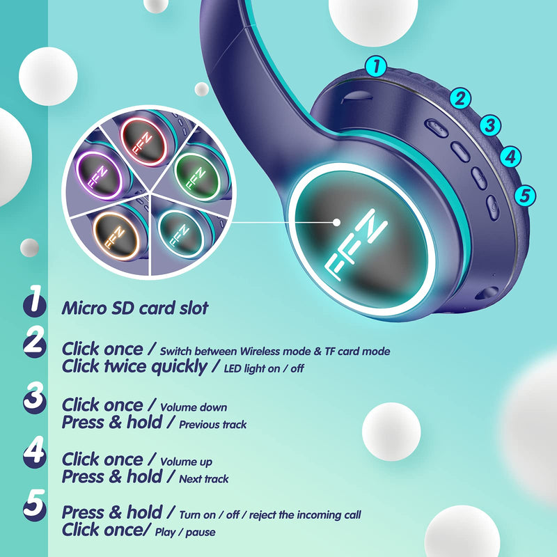  [AUSTRALIA] - FFZ K21 Wireless Kids Headphones, Colorful LED Lights Blue Tooth-V5.0 Headphones Built-in Microphone, Foldable Headset & Soft Earpads, for School/Car/Airplane/Ipad(Navy Blue) Navy Blue