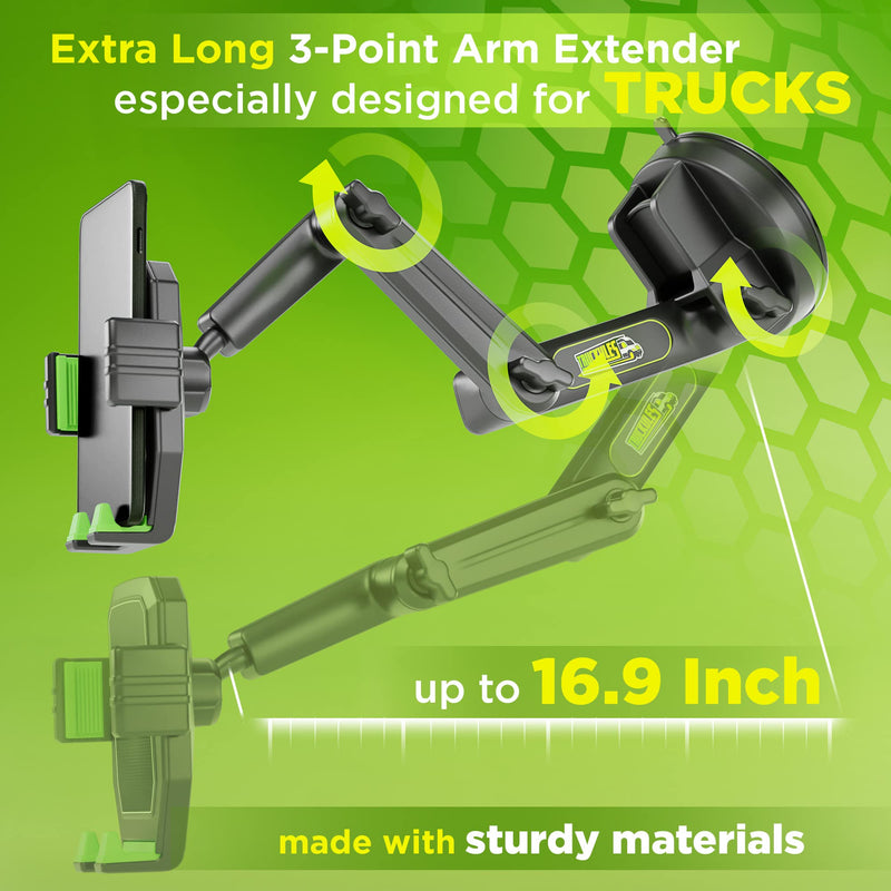  [AUSTRALIA] - Truckules Truck Phone Holder Mount Heavy Duty Cell Phone Holder for Truck Dashboard Windshield 16.9 inch Long Arm, Super Suction Cup & Stable, Compatible with iPhone & Samsung, Green, Semi Truck