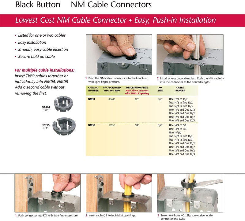  [AUSTRALIA] - iMBAPrice NM94-25 (25-Pack) Black Button Push-in NM Cable Connector, 3/8 Trade Size, Fits 1/2-Inch Knock Outs, Black 25 3/8 Trade Size (Fits 1/2-Inch Knock Outs)