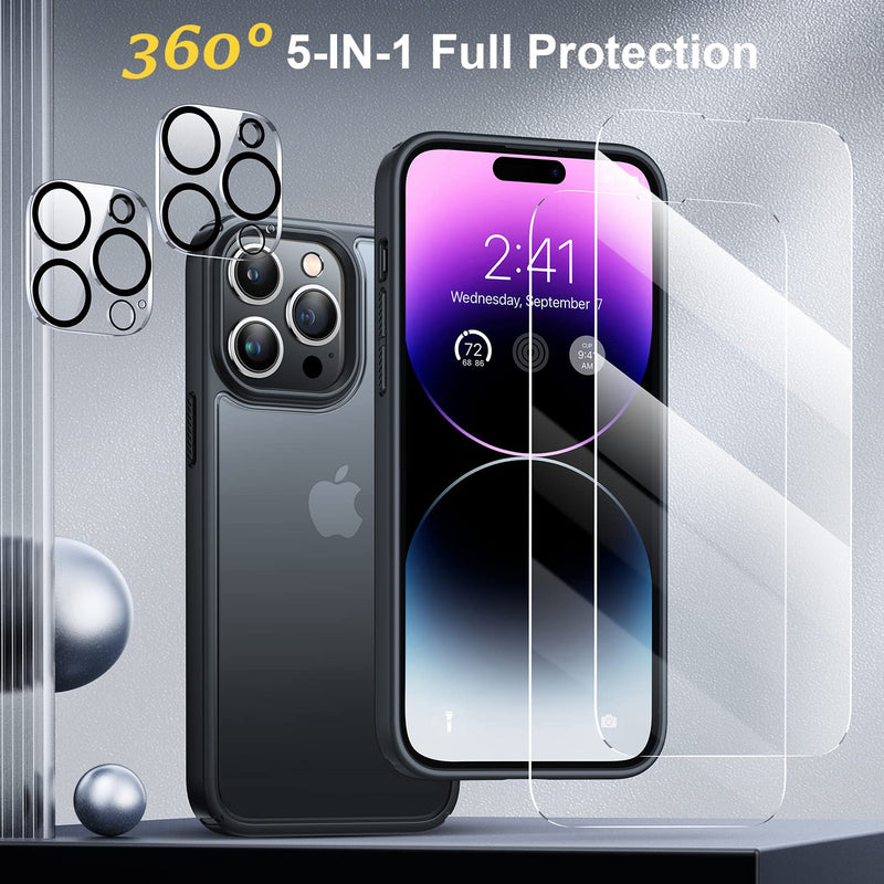  [AUSTRALIA] - 【5-in-1】 Humixx Designed for iPhone 14 Pro Max Case, Full Body Shockproof with 2 Pack Tempered Screen Protector + 2 Pack Camera Protector Slim Protective Case for iPhone 14 Pro Max Case 6.7''-Black A-Matte Black