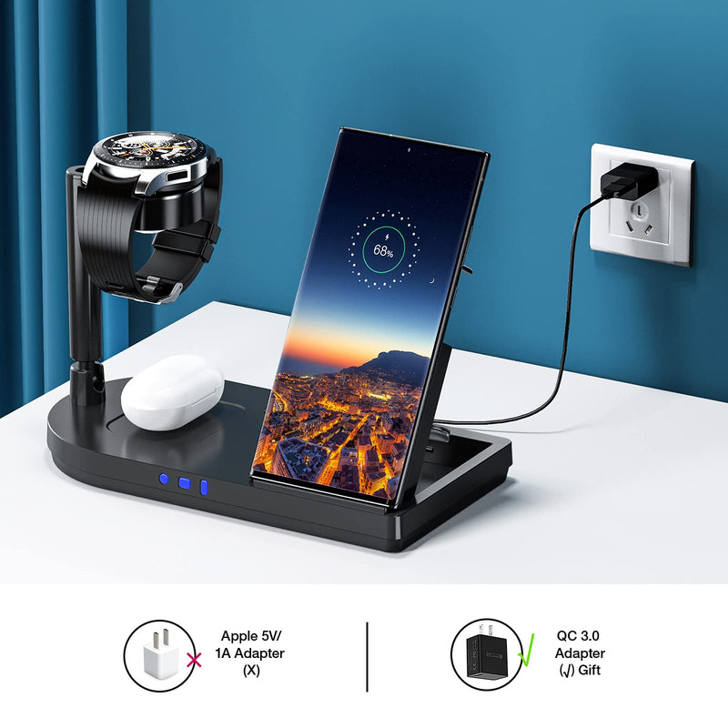  [AUSTRALIA] - Wireless Charger, Earteana 4 in 1 Wireless Charging Station Compatible with Samsung Galaxy Z Flip3/ S20/S10/Note7,Galaxy Buds,GS4/Watch Active,Support Qi-Enabled Phones,Foldable with Night Lamp Black