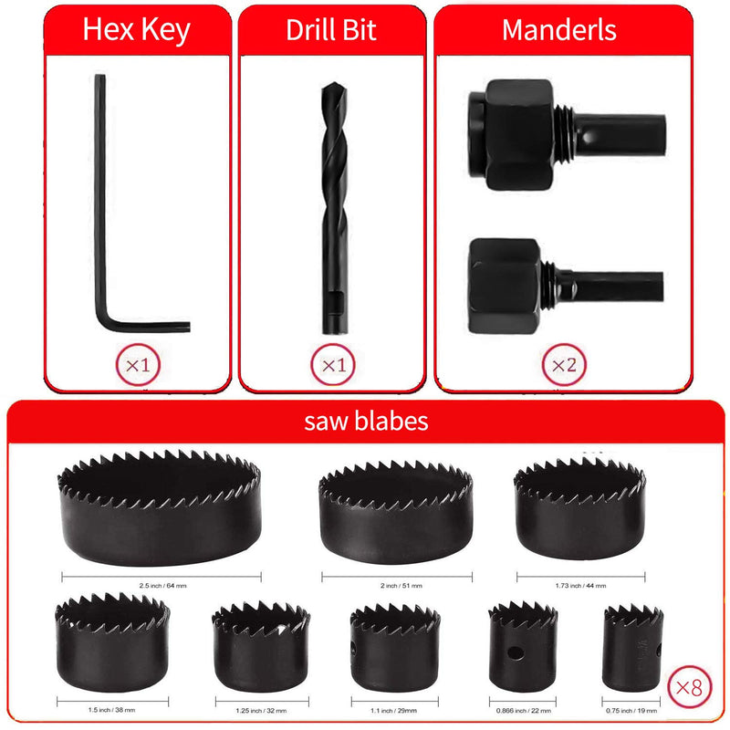 KATA 11PCS Hole Saw Kit 3/4"-2-1/2" (19-64mm) Hole Saw Set with Mandrels,Hex Key,Ideal for Soft Wood,PVC Board,Plywood,Drywall Drilling - LeoForward Australia