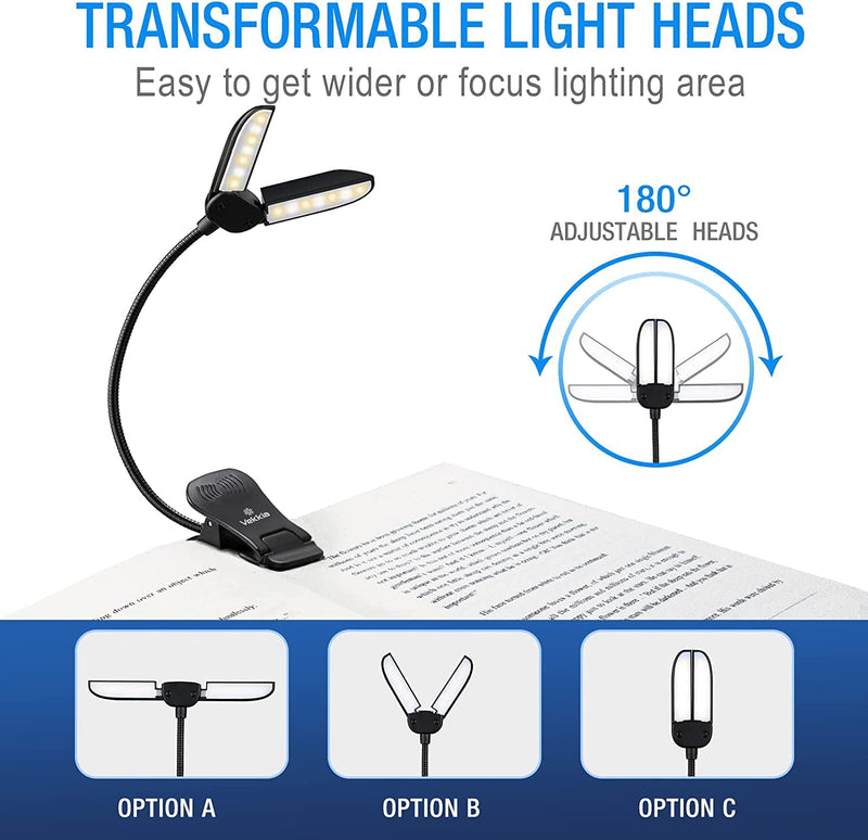 [AUSTRALIA] - Vekkia 14 LED Rechargeable Book-Light for Reading at Night in Bed, Warm/White Reading Light with Clamp, 180° Adjustable Clip on Light, Lightweight Eye Care Book Light, Perfect for Book Lovers Black