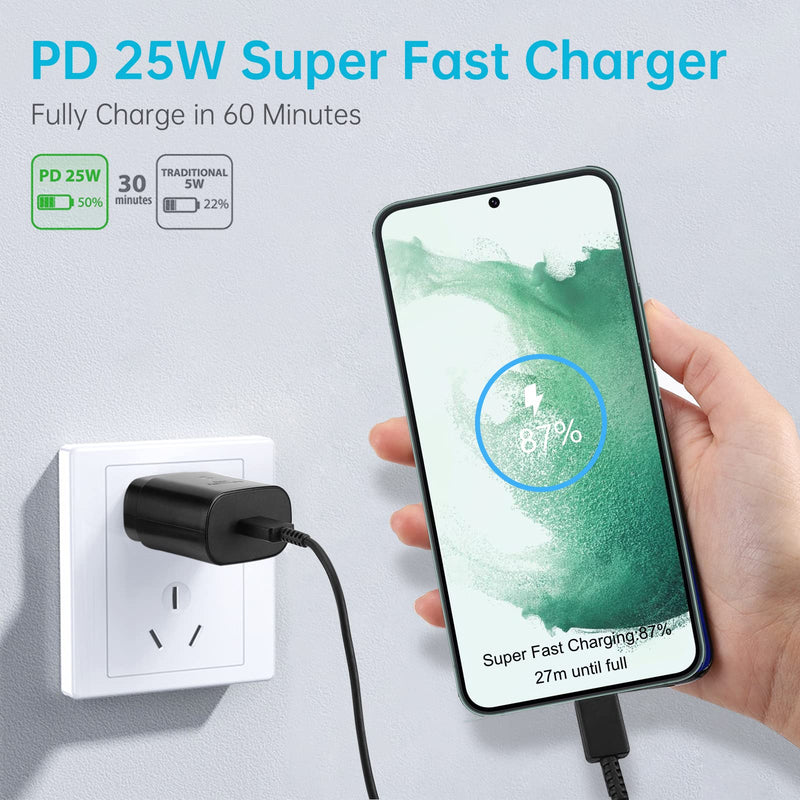 [AUSTRALIA] - Super Fast Type C Charger, PD 25W USB-C Wall Charger for Samsung Galaxy S23 Ultra/S23/S23+/S22/ S21/S20/Note 20/Note 20 Ultra/Note 10/Note10+, Type C Charger Block + 4-ft USB C Cable