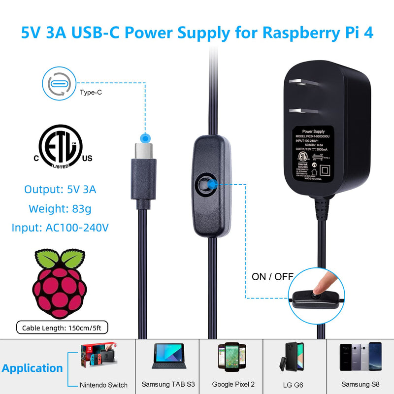  [AUSTRALIA] - Smraza Compatible with Raspberry Pi 4 Case, Acrylic Case with 35 x 35 mm Cooling Fan, 4PCS Heatsinks, 5.1V 3A USB-C Power Supply for Raspberry Pi 4 Model B (Upgrade, Large Fan and Large Heat Sinks)