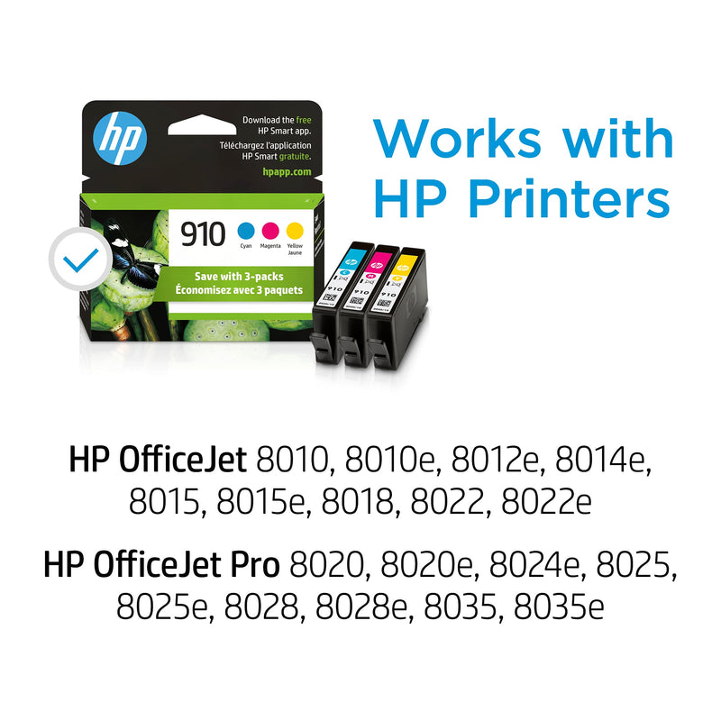  [AUSTRALIA] - Original HP 910 Cyan, Magenta, Yellow Ink Cartridges (3-pack) | Works with HP OfficeJet 8010, 8020 Series, HP OfficeJet Pro 8020, 8030 Series | Eligible for Instant Ink | 3YN97AN