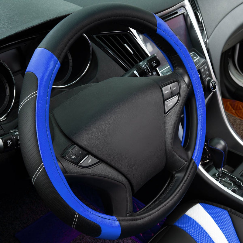  [AUSTRALIA] - NEW ARRIVAL- CAR PASS Line Rider Leather Universal Steering Wheel Cover fits for Truck,Suv,Cars (Black and Blue) Black and Blue