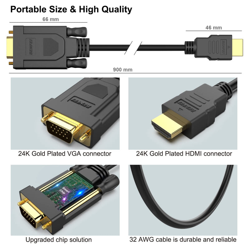  [AUSTRALIA] - BENFEI HDMI to VGA, Gold-Plated HDMI to VGA 3 Feet Cable (Male to Male) Compatible for Computer, Desktop, Laptop, PC, Monitor, Projector, HDTV, Raspberry Pi, Roku, Xbox and More 1 PACK