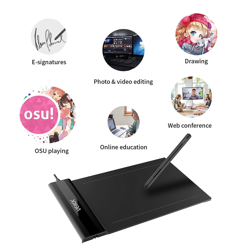  [AUSTRALIA] - VEIKK S640 Graphics Drawing Tablet 6x4 Inch Ultra-thin Portable OSU Tablet with 8192 Levels Battery-free pen (For Drawing, Online class/E-learning and Web-conference)