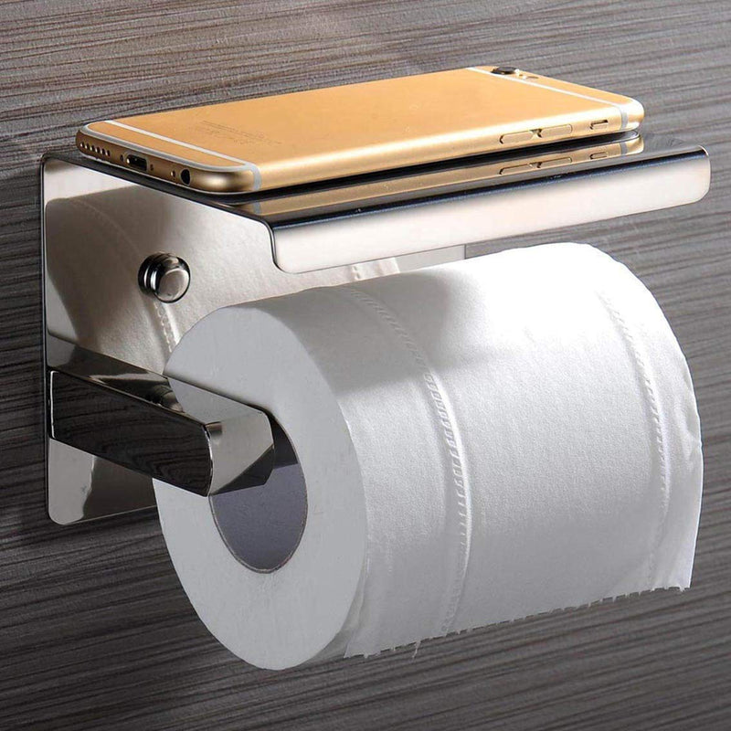  [AUSTRALIA] - Toilet Paper Holder - Toilet Paper Roll Holder with Shelf, Adhesive No Drilling or Wall Mounted with Screws for Bathroom, It Holds Mega Roll- Stainless Steel Polished Chrome