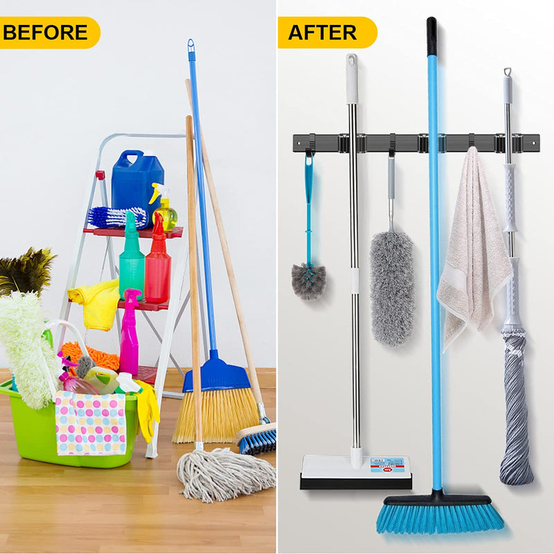  [AUSTRALIA] - 2 Pack 16'' Broom and Mop Holder Wall Mount with Movable Sliding 3 Racks 3 Hooks, Storage Organizer Wall Hanger, Cleaning Tool Hanging Grippers for Kitchen Bathroom Garden Garage Laundry Home Closet
