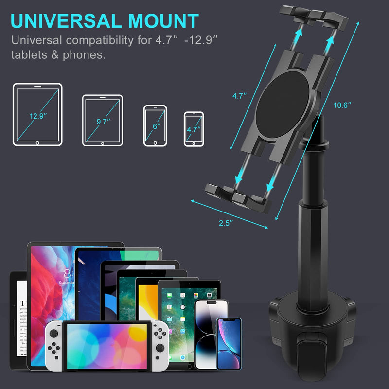  [AUSTRALIA] - Car Cup Holder Tablet Mount Holder, 360° Adjustable Built-in Metal Stand for iPad Pro 12.9/11/10.5/9.7/Air/Mini 6/5/4, Samsung Galaxy Tab/Z Fold 4/3, Amazon Fire HD, iPhone 14/Pro, 4.7-12.9" Tab&Phone