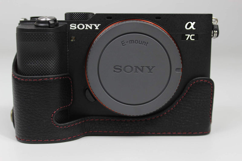  [AUSTRALIA] - A7C Case, BolinUS Handmade Genuine Real Leather Half Camera Case Bag Cover for Sony Alpha A7C Bottom Opening Version + Hand Strap (Black) Black