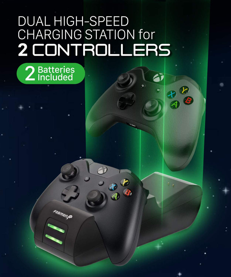  [AUSTRALIA] - Fosmon Xbox One/One X/One S Controller Charger, [Dual Slot] High Speed Docking/Charging Station with 2 x 1000mAh Rechargeable Battery Packs (Standard and Elite Compatible)