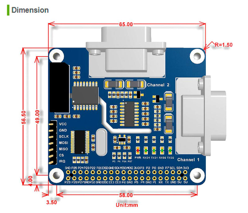  [AUSTRALIA] - 2-Channel Isolated RS232 Expansion HAT for Raspberry Pi 4B/3B+/3B/2B/B+/A+/Zero/Zero W, SC16IS752+SP3232 Dual Chip Convert SPI to RS232 Data Rate up to 921600bps Embed Multi Protection Circuits