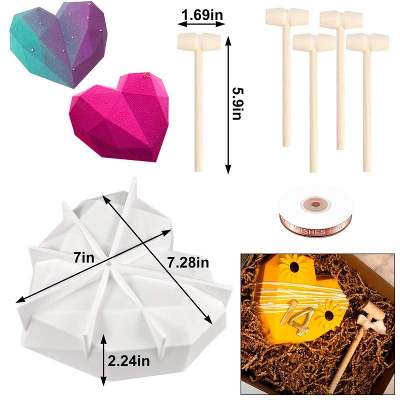  [AUSTRALIA] - Diamond Heart Love Shape Silicone Cake Mold, Silicone Cupcake Mold Oven Safe Chocolate Mousse Dessert Baking Pan with 5Pcs Wooden Hammers& One Ribbon for Home Kitchen DIY Baking