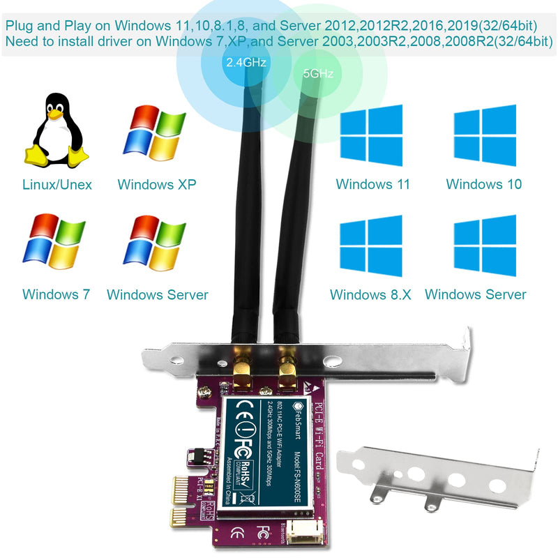  [AUSTRALIA] - FebSmart Wireless Dual Band N600 PCIE Wi-Fi Adapter for Windows XP,7,8,8.1 10 and Windows Server (32/64bit) Desktop PCs-2.4GHz 300Mbps or 5GHz 300Mbps PCIE Wi-Fi Card (FS-N600BT)