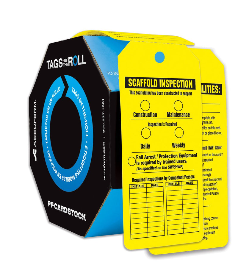  [AUSTRALIA] - Accuform TAR718 Tags by-The-Roll Inspection and Status Tags, Legend"Scaffold Inspection", 6.25" Length x 3" Width x 0.010" Thickness, PF-Cardstock, Black on Yellow (Pack of 100)