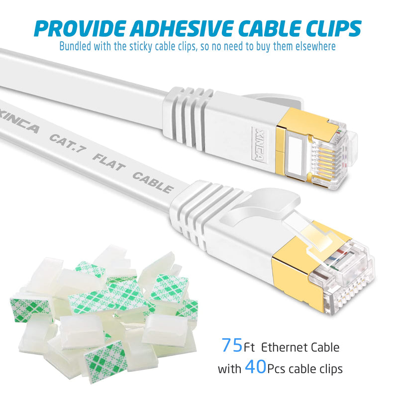  [AUSTRALIA] - Cat 7 Flat Ethernet Cable 75ft White, High Speed 10GB Shielded (STP) LAN Internet Network Cable-XINCA Ethernet Patch Computer Cable with Rj45 Connectors and 40pcs Adhesive Cable Clips 75Ft-White Cat7 Ethernet Cable