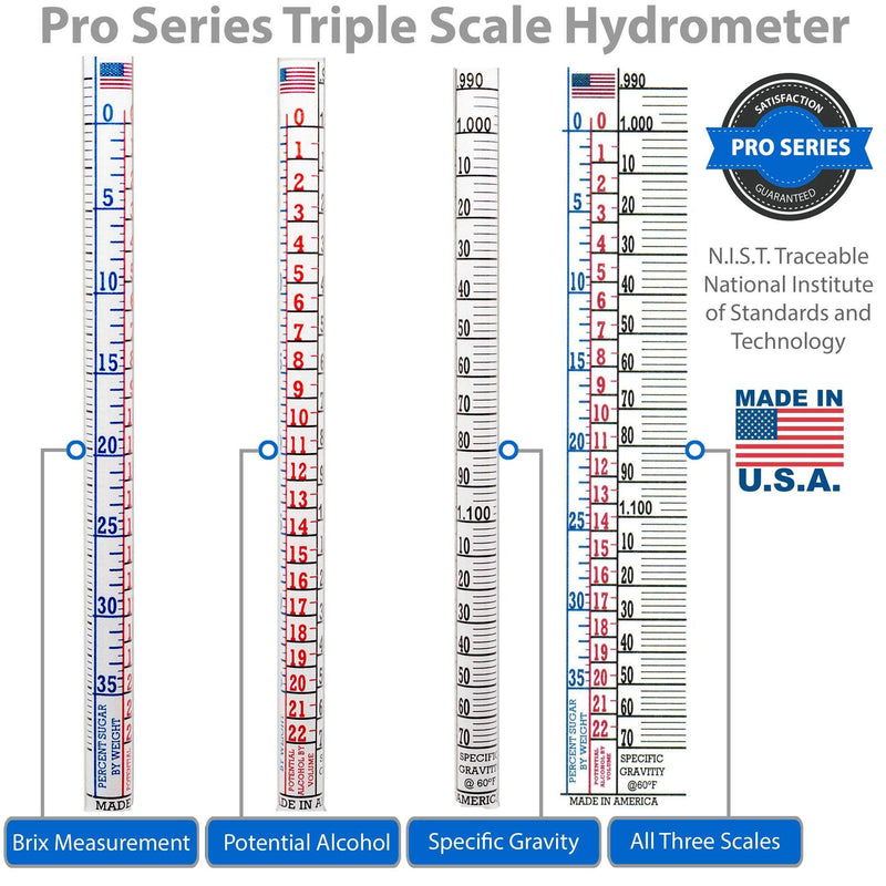 American-Made Specific Gravity Hydrometer Alcohol ABV Tester - Pro Series Fermentation Testing Homebrew: Beer, Wine, Cider, Mead - Triple Scale Hydrometer by Brewing America - LeoForward Australia