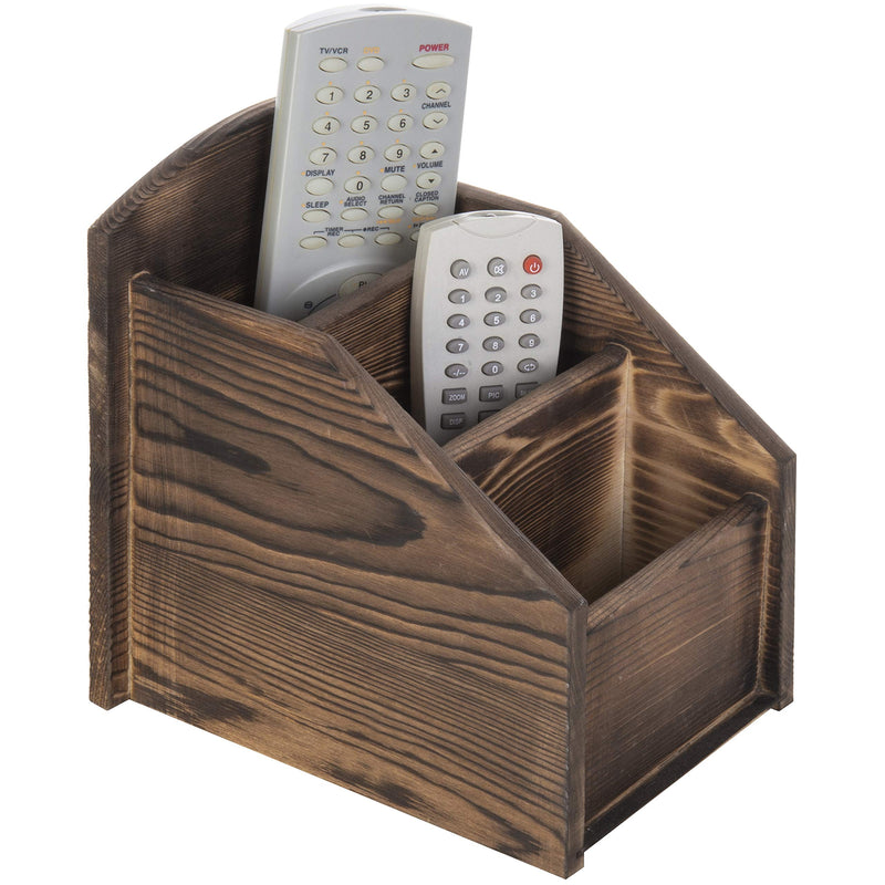  [AUSTRALIA] - MyGift Burnt Solid Wood TV Remote Control Holder with 3 Compartments, Media Storage Organizer Caddy, Office Desktop Supplies Rack