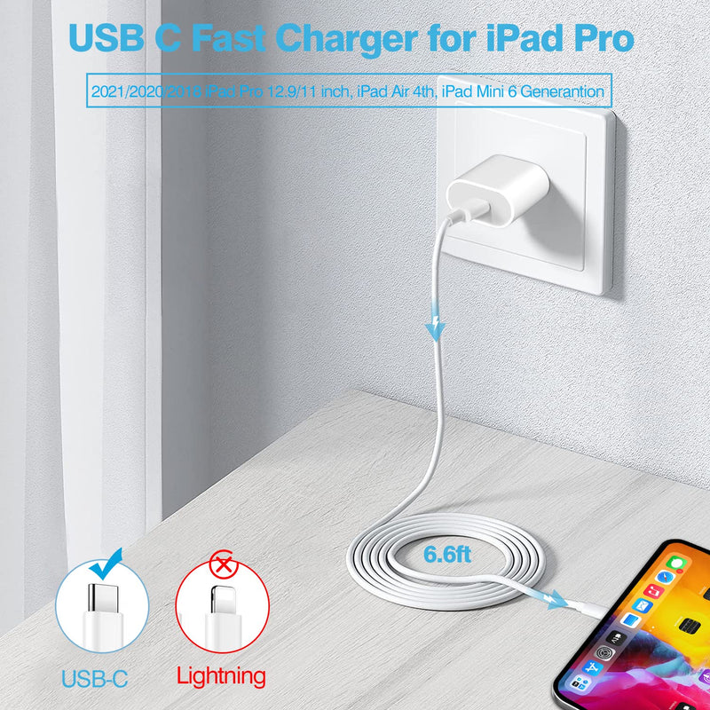  [AUSTRALIA] - 20Watt USB C Fast PD Wall Charger for 2022/2021/2020/2018 iPad Pro 12.9 inch, iPad Pro 11 inch, New iPad Air 5th/4th, iPad 10th Generation, iPad Mini 6, with 6.7Foot USB C to C Charging Cable White