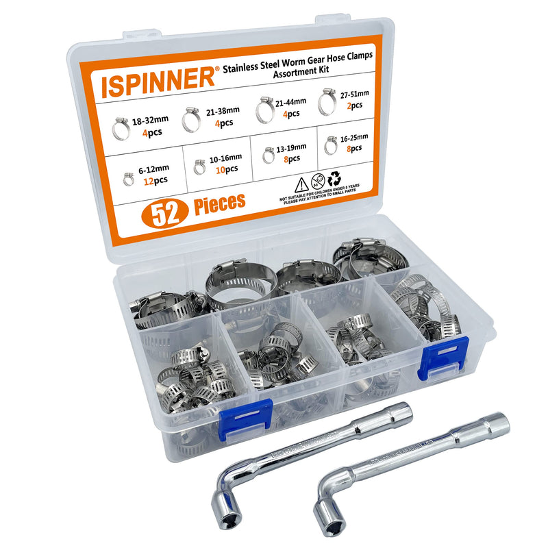  [AUSTRALIA] - ISPINNER Hose Clamps, 52pcs 6-51mm Stainless Steel Worm Gear Pipe Clamps Assortment Kit with 2pcs Socket Wrench for Plumbing, Automotive and Mechanical Application