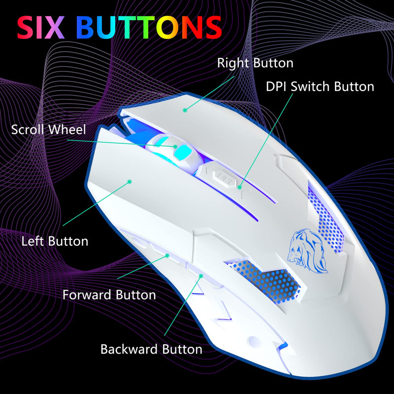  [AUSTRALIA] - FUWANG Wired Gaming Mouse, USB Computer Mouse with RGB Backlit, 7200 DPI Optical Sensor, Ergonomic Gamer Mouse with 6 Programmable Buttons for Windows/PC/Mac/Laptop Gamer White