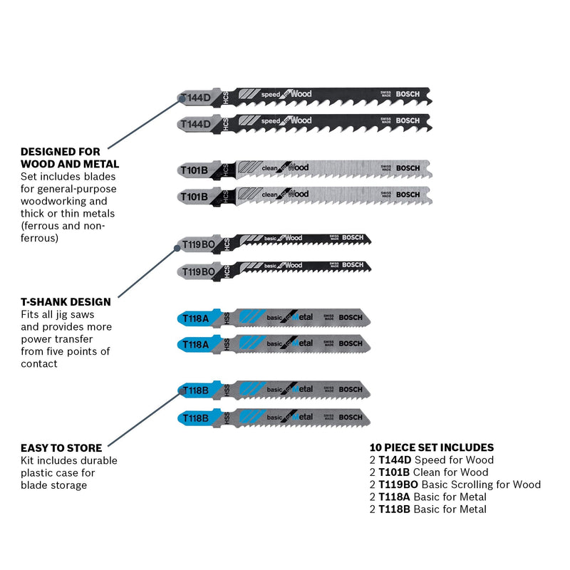  [AUSTRALIA] - BOSCH T5002 T-Shank Multi-Purpose Jigsaw Blades, 10 Piece, Assorted, Jig Saw Blade Set for Cutting Wood and Metal 10-Pack