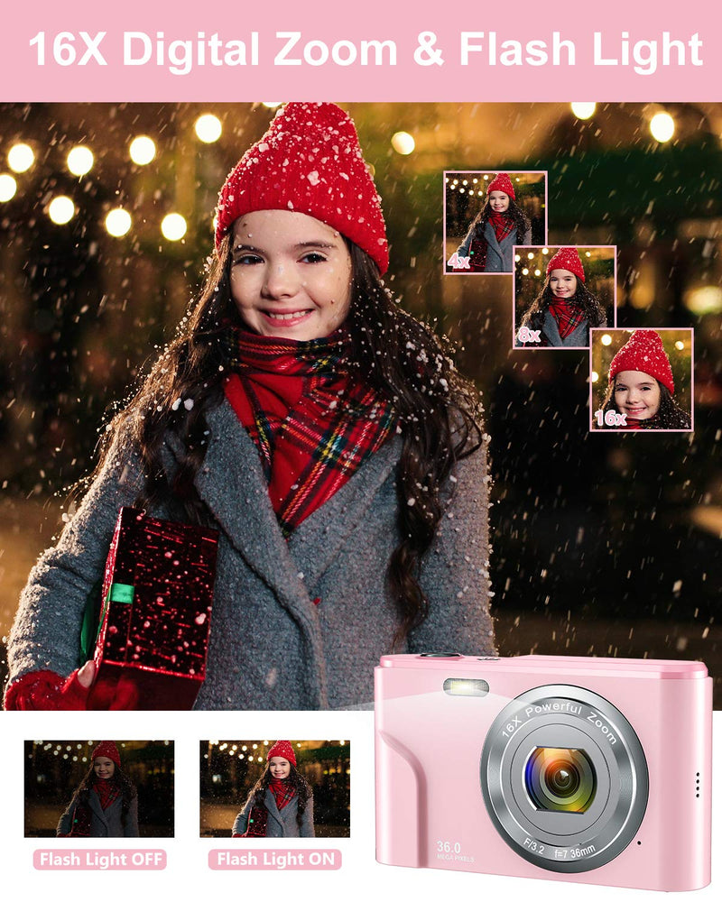  [AUSTRALIA] - Digital Camera 1080P FHD Mini Video Camera 36MP LCD Screen Rechargeable Students Compact Camera Pocket Camera with 16X Digital Zoom YouTube Vlogging Camera for Kids,Adult,Beginners(Pink) 1080P-Pink