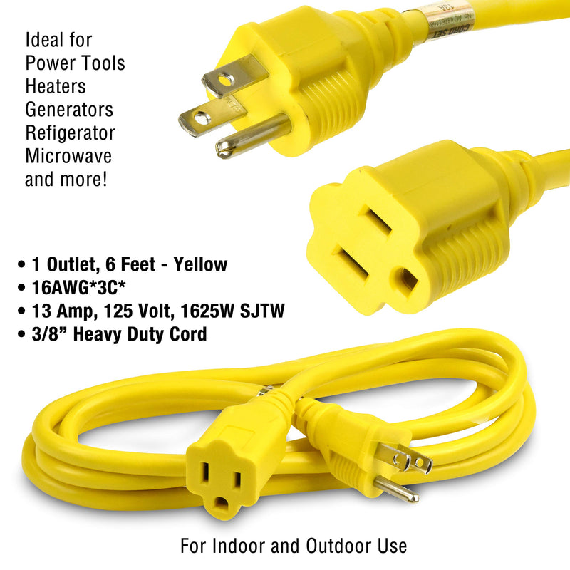 BindMaster Heavy Duty Extension Cord/Wire Power Cable, Indoor/Outdoor, 16/3, Single Outlet, 6 Feet, UL Listed, Yellow 6 ft - LeoForward Australia