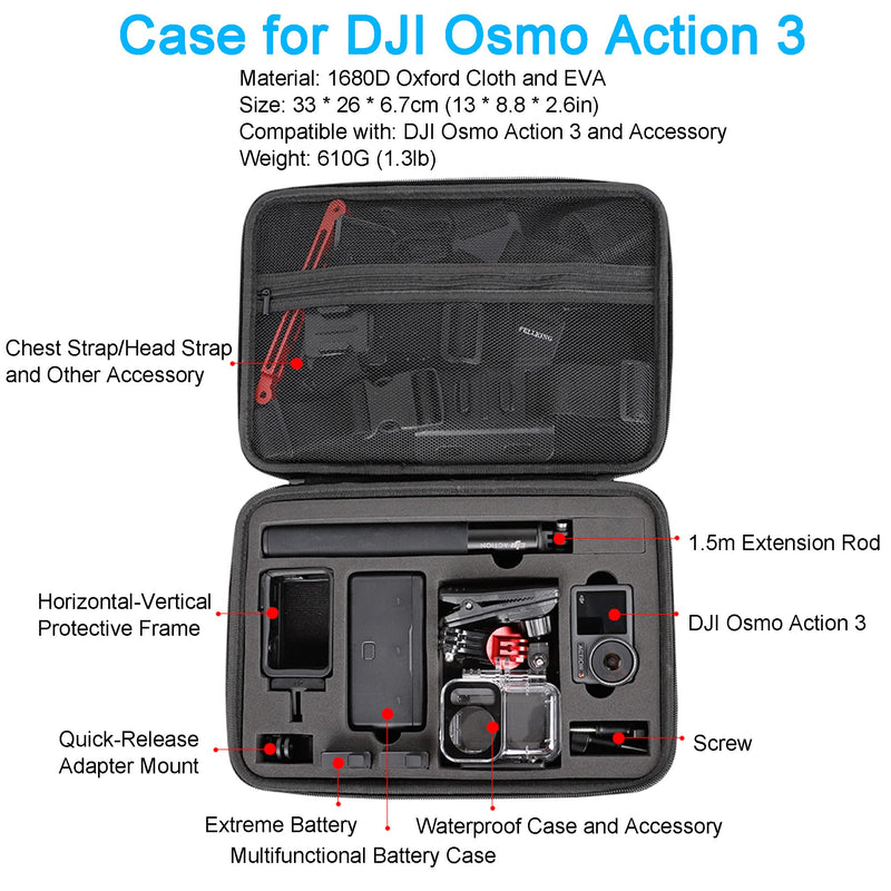  [AUSTRALIA] - PellKing Large Carrying Case for DJI OSMO Action 3 Camera,Hard Shell with Shoulder Strap EVA Shoulder Bag for DJI Action3 Camera and Accessories