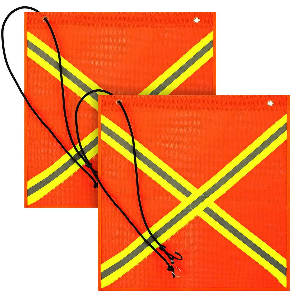  [AUSTRALIA] - 18 x 18 Inch Safety Flag 2 Pieces Bright Orange Warning Flag Mesh Weather Flag Weather Proof Flag with Grommet and Bungee Cord and Double Sided Reflective Strip for Truck Hunting Bike Trailer Hauling