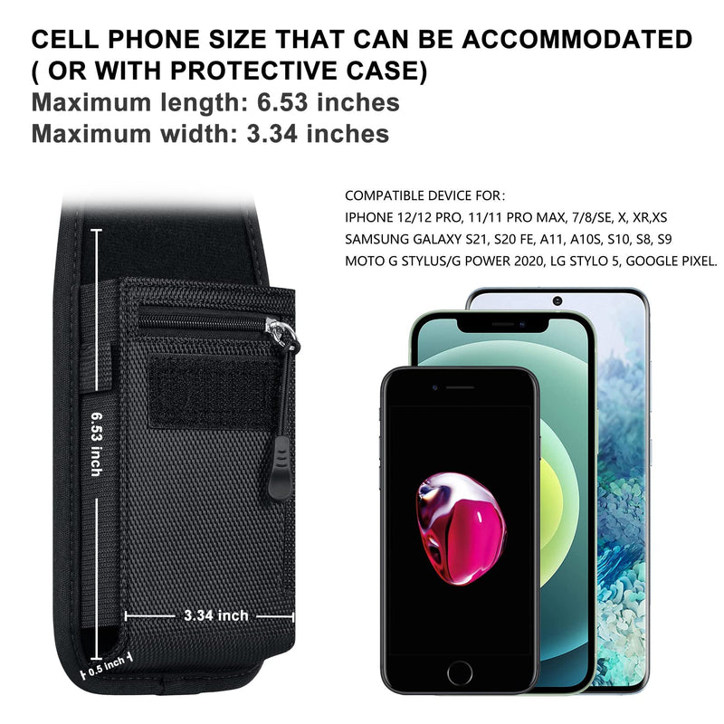  [AUSTRALIA] - COANJIUO Belt Clip Phone Holster fits iPhone 11 12 Pro 8 7 6 Plus Case Nylon Cell Phone Pouch for Samsung Galaxy S20 FE S21 Plus S10 S9 S8 S7 A11 A71 A51, Zipper Storage and Credit Card Pocket, Black