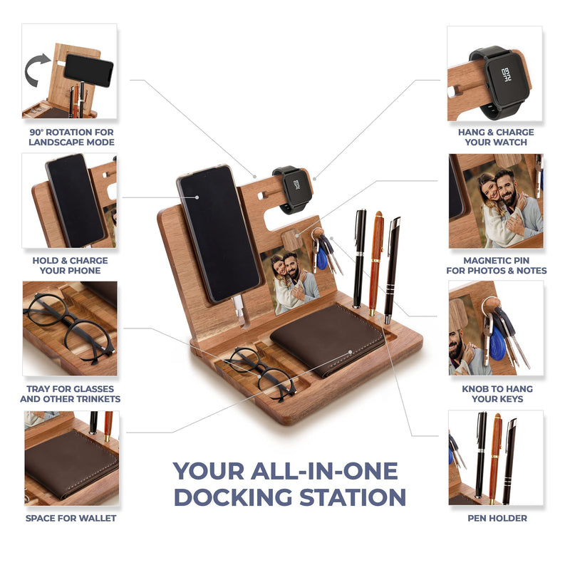  [AUSTRALIA] - Mens Docking Station - Phone, Watch, Wallet, Gadgets, Acacia Wood Nightstand Organizer, Magnetic Pin to hold Photo, Notes, EDC Stand, Anniversary Birthday Christmas Gifts -Husband, Dad, Son, Boyfriend 21.5Wx23L