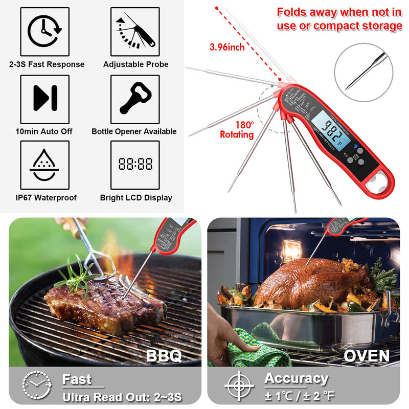  [AUSTRALIA] - Digital Instant Read Meat Thermometer, Waterproof Ultra Fast Food Thermometer with Backlight and Calibration, Kitchen Cooking Thermometer Probe for Grilling Oven Smoker BBQ, Red