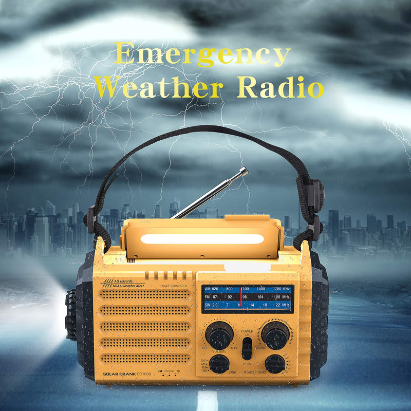 Weather Radio Raynic 5000mAh Solar Hand Crank Emergency Radio 5 Ways Powered AM/FM/SW/NOAA Weather Alert Portable Radio with Flashlight, Reading Lamp, Cellphone Charger and SOS Alarm (Yellow) - LeoForward Australia