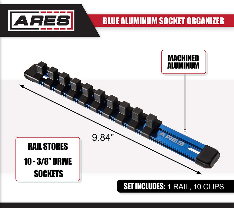 ARES 70122-3/8-Inch Drive 9.84-Inch Aluminum Socket Organizer - Store up to 10 Sockets and Keep Your Tool Box Organized - Sockets Will Not Fall Off this Rail 3/8" Drive 9.84" Aluminum Socket Rail Blue - LeoForward Australia