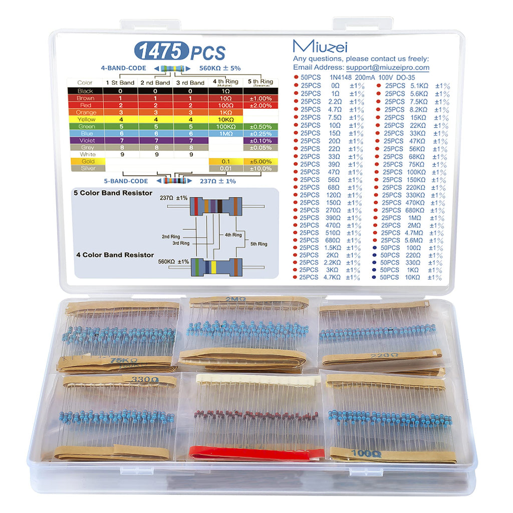  [AUSTRALIA] - Miuzei 1475 piece resistor assortment contains 52 resistor values kit 1/4W ± 1% high precision metal film 0 ohm to 5.6M ohm resistors set 50 pieces IN4148 switching diodes electronics DIY project