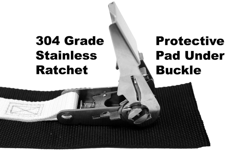  [AUSTRALIA] - CustomTieDowns 1 Inch Stainless Steel Ratchet Strap, Protective Pad Under Buckle Stainless Steel Carabiner Clip with Grommet On Each End, Fixed End Strap, Total Strap Length 8 Ft White