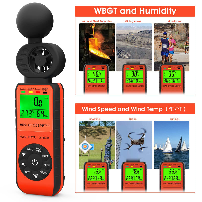  [AUSTRALIA] - AOPUTTRIVER Anemometer AP-881W Hand Anemometer with Wind Speed/Temperature/Humidity/WBGT Alarm for Drone Flight, Hunting, Sailing