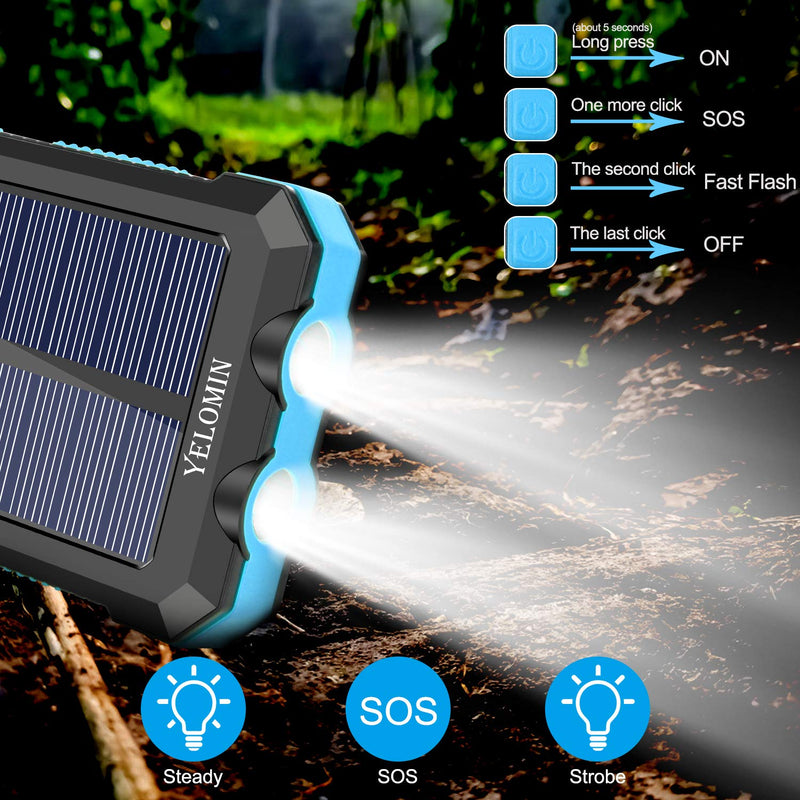 Solar Charger 30000mAh,YELOMIN Portable Outdoor Solar Power Bank with Type-C Input Port Dual Flashlights & USB Outputs External Backup Battery Pack for Cellphones,Tablets and More(Blue) Blue - LeoForward Australia