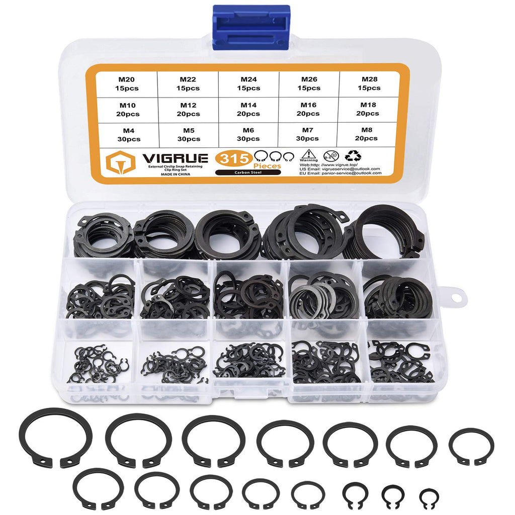  [AUSTRALIA] - VIGRUE 315Pcs Snap Ring Shop Assortment Alloy Steel External Circlip Snap Retaining Clip Rings Set, 15 Sizes Black