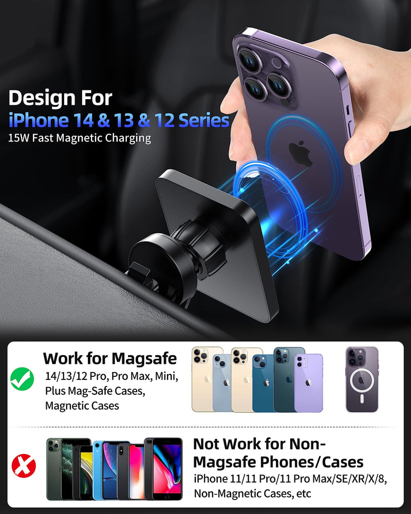  [AUSTRALIA] - Upgraded for MagSafe Car Charger, Magsafe Car Mount Charger, 15W Air Vent Dashboard Windshield Magnetic Wireless Car Charger Mount for iPhone 14/13/12 Series Magsafe Cases, with QC/PD Car Charger Black(Vent+Dashboard)