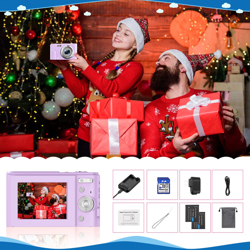  [AUSTRALIA] - Digital Camera 1080P FHD 36MP 16X Digital Zoom LCD Screen with 32GB SD Card 2 Batteries & Charger Compact Portable Mini Camera for Kids Students Teens Purple